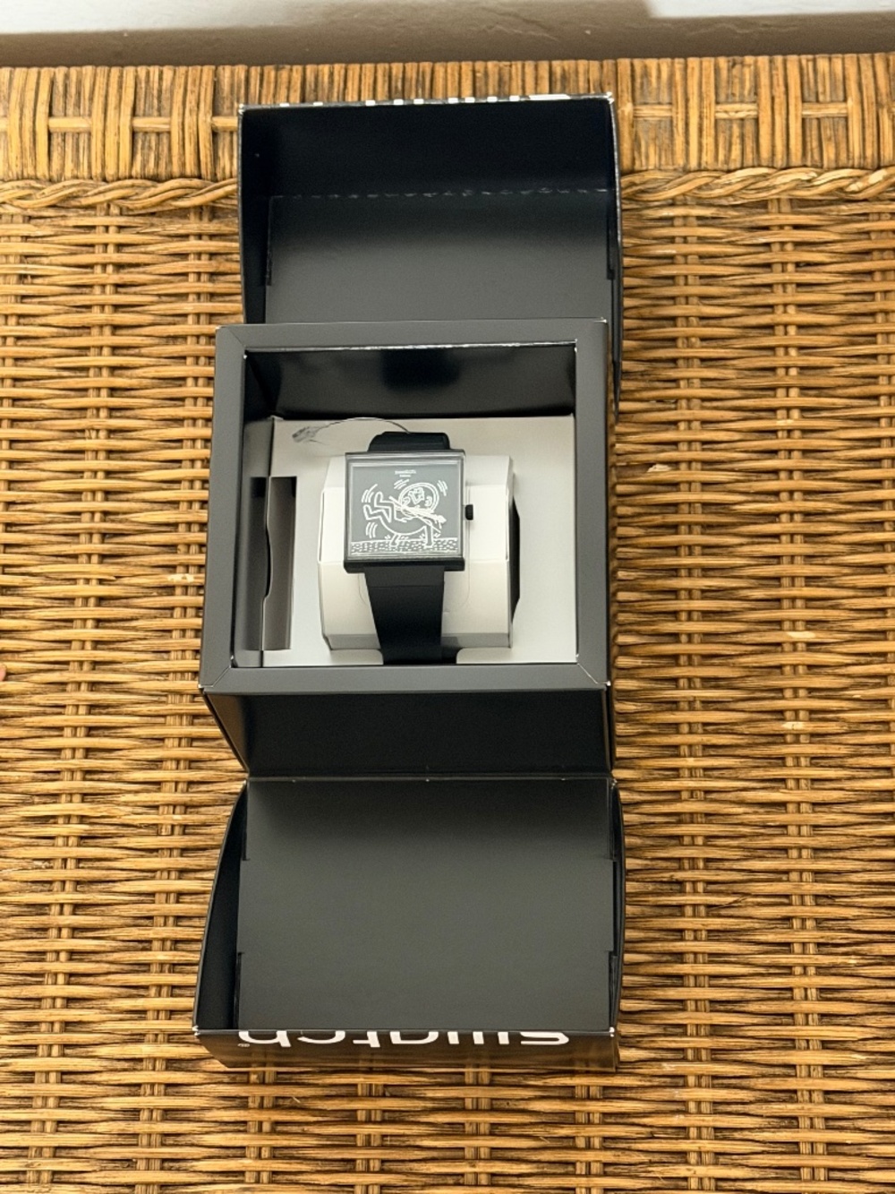 Swatch. Keith Haring. Break Loose Watch Square Matte Black Watch.  Open Box